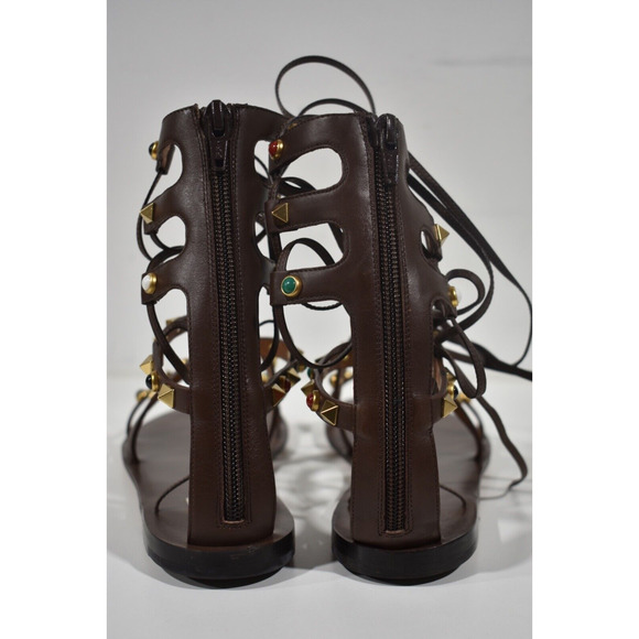 Valentino Rockstud Brown Beaded Strap Gladiator Lace Up Tie Ankle Flat Sandal 38 - Picture 11 of 12